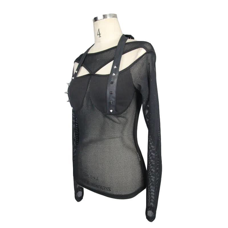 Summer Sexy Women Punk Nailed Chest Halter Mesh T Shirt