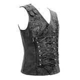 Autumn Punk Rock Fog Flower Patterned Lace Up Black Men Leather Waistcoat