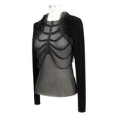 Ett024 Beaded Rib Fake Shawl Long Sleeve T Shirt