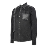 Spring Asymmetric Design Mesh Spliced Punk Rock Black Men Shirts With Straps And Pocket