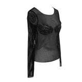 Punk Skeleton Palm Leather Embroidery Fetish Sexy Women Round Collar Mesh T Shirt