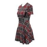 Daily Life Cool Girls Mesh Waist Stretchy Mid Length Scottish Red Plaid Dress With Chains