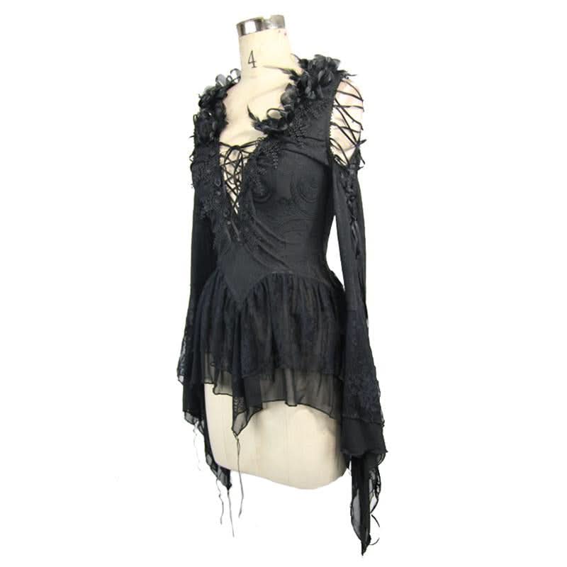Big V Neck Off The Shoulder Sexy Women Lace Up Long Sleeves T Shirt
