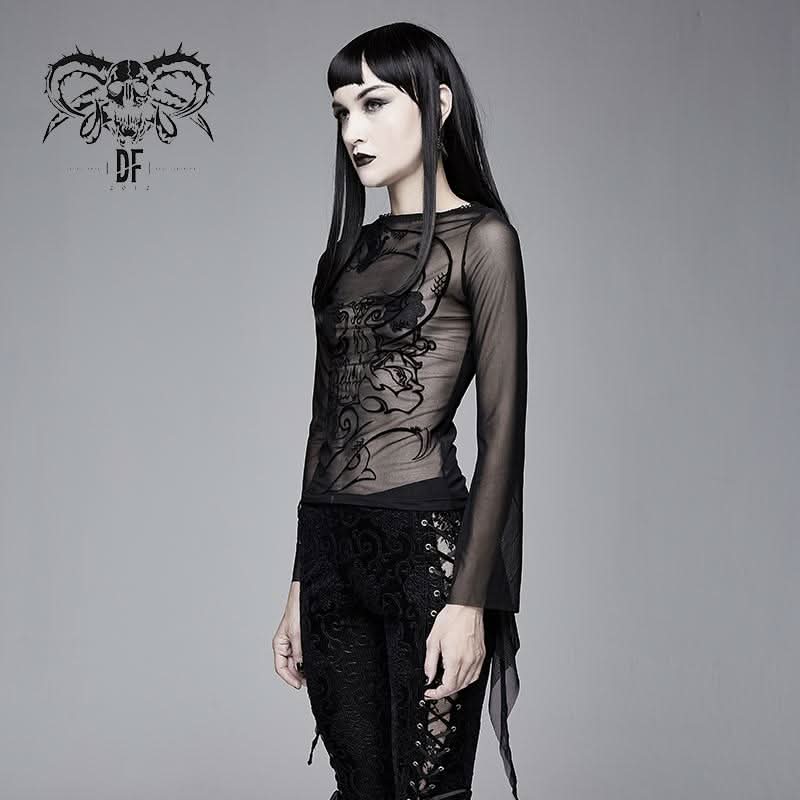 Gothic Snake Flocking Printed Horn Sleeve Sexy Ladies Mesh T Shirt