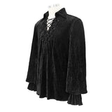 Gothic Pleated Elastic Lantern Sleeve Men Black Velvet Shirts