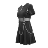 Daily Life Black Women Mesh Waist Pure Cotton Stretchy Punk Dress With Chains