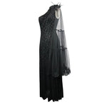 One Shoulder Asymmetrical Dark Pattern Stretchy Velvet Long Dress With Shawl