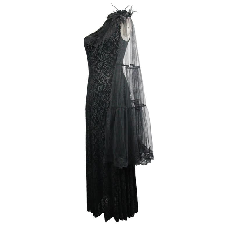 One Shoulder Asymmetrical Dark Pattern Stretchy Velvet Long Dress With Shawl